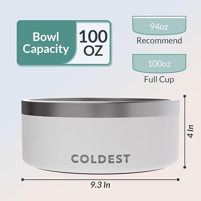 Coldest Dog Bowl - Anti Rust Metal, Non Slip, 3 Layers Insulated Stainless Steel Dog Bowls - Spill Proof & Heavy Duty - Water Bowl for Dogs, Cats & Pets, Dish Washer Safe (100 oz, Epic White)