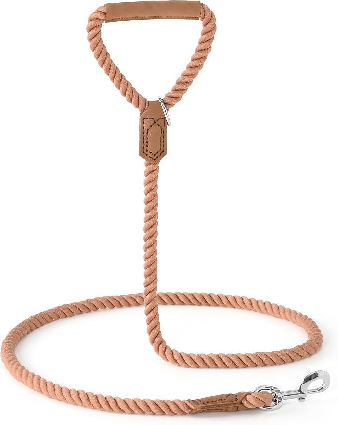 Mile High Life Dog Leash Braided Cotton Rope w/Leather-Wrapped Ends/Handle | Rust-proof 360° swivel clasp, Heavy-duty for medium/large breeds. Great for weddings, daily walks (5 FT, 1/2", Brown)