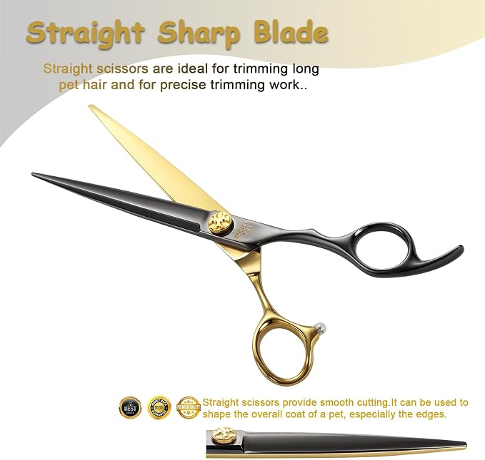 7'' Professional Straight Dog Grooming Scissors with Decorative Screw Sharp and Durable Black and Gold 440C Stainless Steel Dog Shears Easy Use for Groomers and Home user.