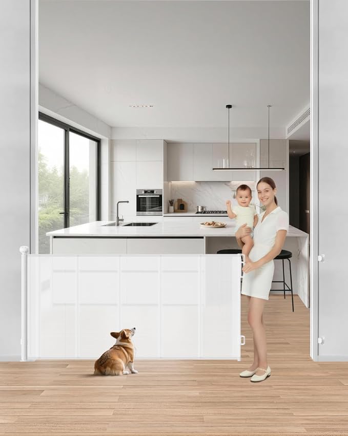 Baby Gate Mesh, 71" Wide 34" Tall Retractable Mesh Baby Gates | Mesh Pet Gate, One-Hand Operation, Baseboard Fit, 6 Reinforced Rods, for Open Kitchen, Living Room & Playroom, White