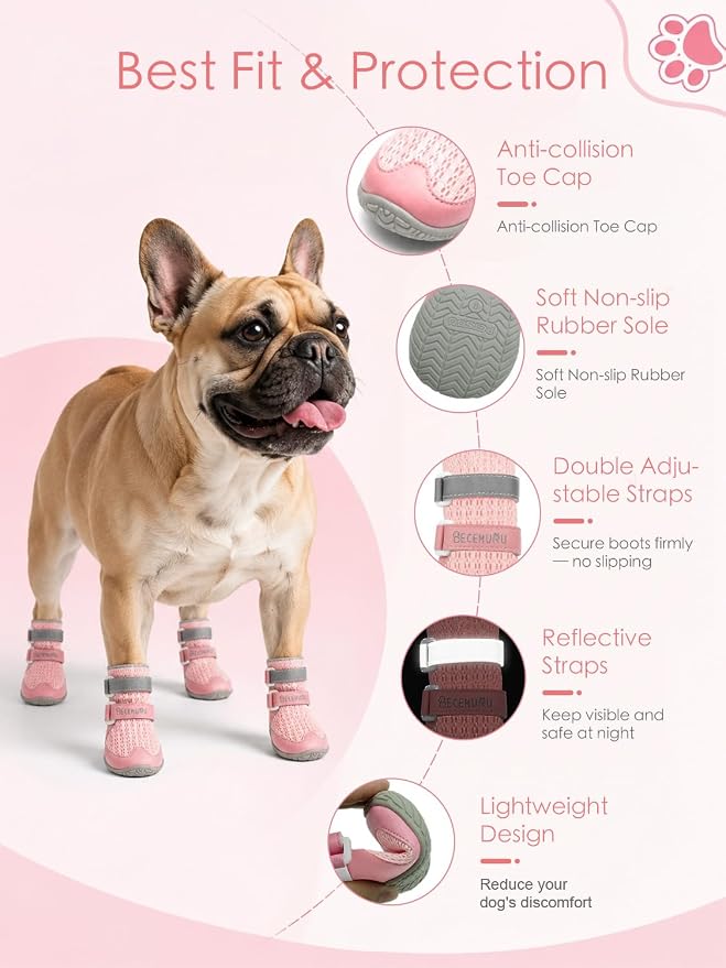BECEMURU Dog Shoes for Summer, Double-Straps Anti-Slip Dog Boots & Paw Protectors for Hot Pavement, Breathable & Light Weight Outdoor Walking Hiking Pink Size 4