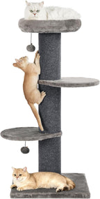 Cat Craft 43" Short Plush Cat Scratching Post with Perch & Bed, Dark Grey | 43in multi-level cat tower, plush scratch pole, layered platforms, top resting bed & hanging toy for indoor cat play and nap