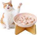 Elevated Slow Feeder Cat Bowl - Melamine Cat Dish with Anti-Slip Bamboo Stand - Whisker Friendly Feeding Bowl - Floral Maze Food Plate for Slow Eating - Pink