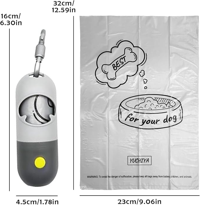 Dog Poop Bags Holder with LED Flashlight|Pet Waste Bags Dispenser for Leash|Doggie Potty Bags Container with Leak-proof Pet Trash Bags and Accessories (Light Gray, 1 Holder 15 Bags)