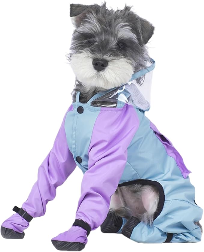 Full Coverage Small Dog Raincoat, 4-Leg Waterproof Jacket with Leash Hole & Backpack, Quick-Dry Pet Rain Gear for Teddy, Bichon, Schnauzer (Blue&Purple, X-Small(Suggest weight1.3-3.3lb))