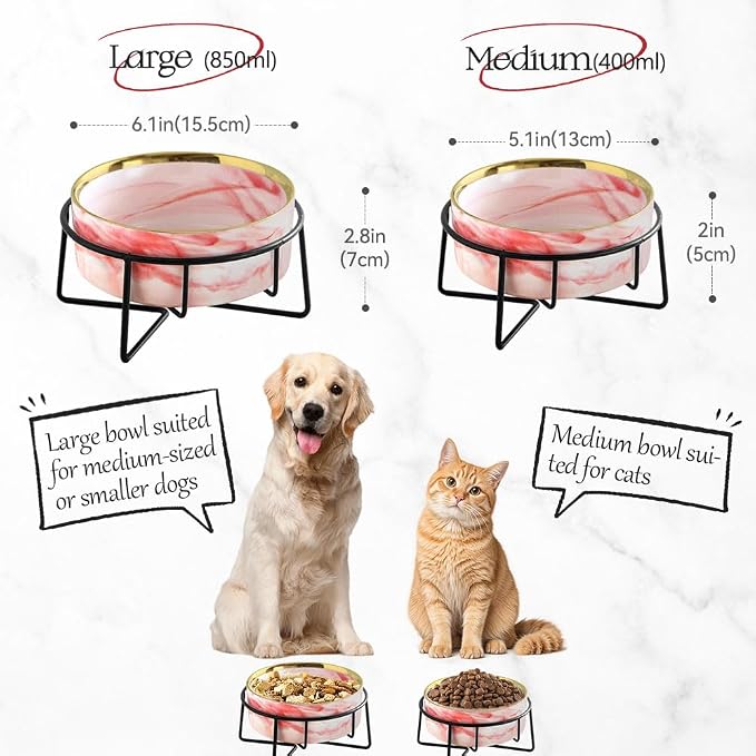 Dazzling Ceramic Elevated Cat Bowls,Raised Dog Cat Pet Food Water Bowl for Indoor(Pink, Large)