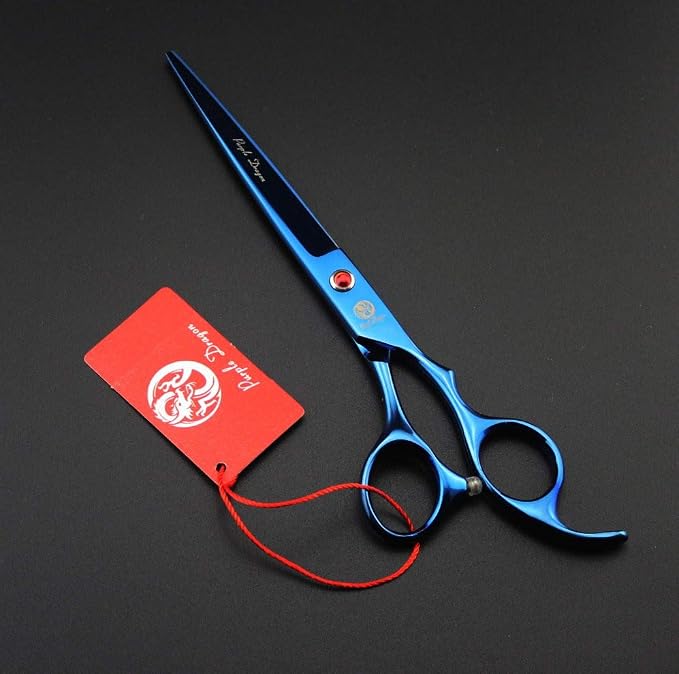 Purple Dragon 7.0 inch Dog Grooming Scissors Set with Silencer - Blue | 4PCS Pet Grooming Shears Kit, Includes Curved, Straight & Thinning Scissors with Smooth Cutting and Comfortable Grip