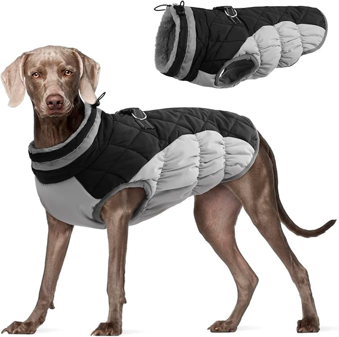 FUAMEY Dog Coat for Large Dogs, Fleece Dog Winter Jacket with Harness | Puppy Cold Weather Coats Reflective Pet Puffer Vest with Zipper Water-Resistant Warm Dogs Snowsuit Windproof Black L