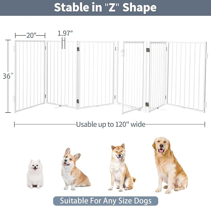 Metal Freestanding Dog Gates with Door for Outdoor Indoor,120'' Extra Wide 36'' Tall Free Standing Dog Gate for Doorways,Large Openings,Deck,Yard,Porch,Foldable Pet Fence(White,6 Panels)