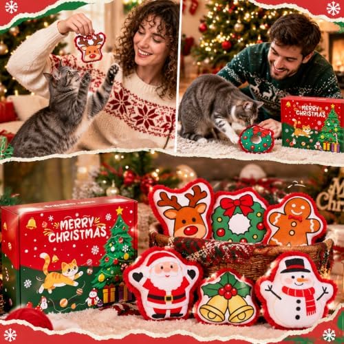 Christmas Plush Cat Toys, 6PCS Xmas Squeaky Cat Toy Set (Santa, Snowman, Gingerbread Man, Bell, Reindeer, Stocking), Indoor Interactive Cat Gift - Image 4
