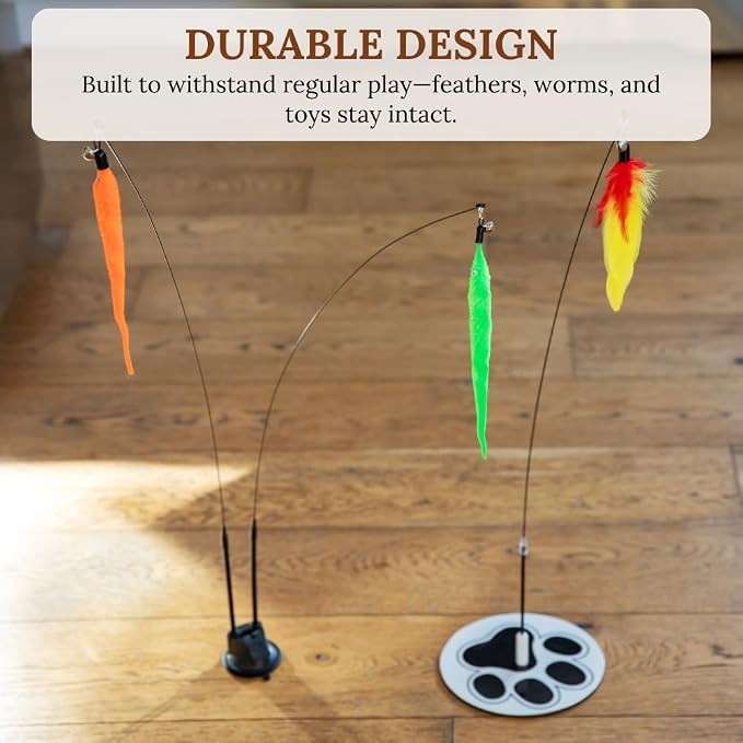 Cat Toys for Indoor Cats, Interactive Cat Toy Wand, Kitten Stuff, 9 Lures | 3 Play Modes! Set The No-topple Base On A Couch, Attach The Dual Suction Base, Or Use The Handheld Fishing Pole Wand.