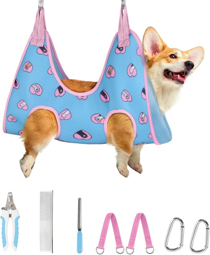 Supet Dog Grooming Hammock for Nail Trimming, Pet Grooming Hanging Harness | Restraint Dog Leashes Sling, Stress-Free Animal Holder Set for Clipping Nails, Ear & Eye Cleaning, Medicine(Blue-Love, M)