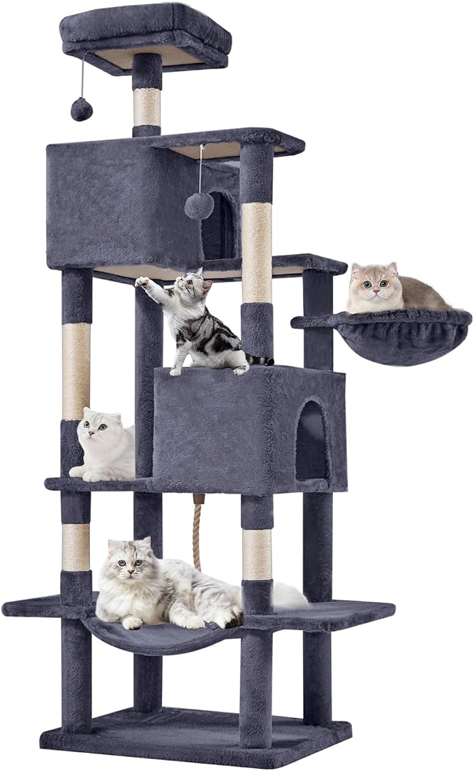 Sweetcrispy 66 Inch Cat Tree Tower for Indoor Cats and Kittens, Dark Grey | Multi Level Cat Climbing Tower with Natural Sisal Scratching Posts, Hammock, Pet Condo