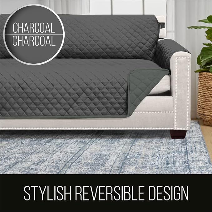 Sofa Shield® Couch Slip Covers for Dogs, Reversible Furniture Protector with Strap, Stain and Tear Resistant Cushion Cover, 62 inch Seat, Machine Washable Slipcover Dog Pets Cats, Charcoal