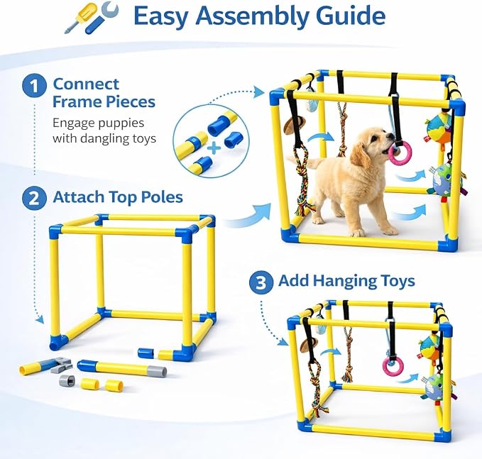 Puppy Play Gym with Five Hanging Toys and Lightweight PVC Frame | Five detachable hanging toys engage your puppy to keep them entertained and active indoors.