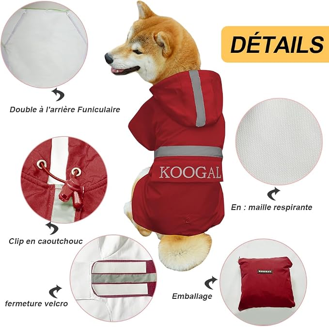 Waterproof Dog Coat Raincoat Poncho for Small to Medium Dogs, Polyester TPU Material Pet Jacket Apparel with Reflective Strips, Red, 3XL