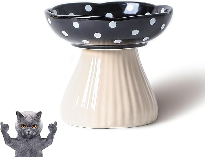Mushroom Cat Bowl-Whisker Fatigue Cat Bowl,Cute Cat Bowls,Elevated Cat Food Bowl, Lead & Cadmium Free Ceramic Cat Bowls for Food and Water.(Black)