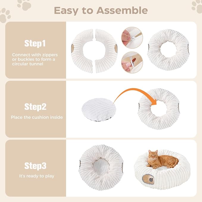 Avont Cat Tunnel Bed for Indoor Cats, Beige | Cat Donut Tunnel Toys | Folds Into a Cozy Bed | 3 Shapes: Donut, C, S | 9.8in Large Cats | 2 Peek Holes & 2 Toy Balls