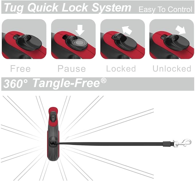 TUG 360° Tangle-Free Retractable Dog Leash with Anti-Slip Handle | 16 ft Strong Nylon Tape | One-Handed Brake, Pause, Lock (Large, Red)