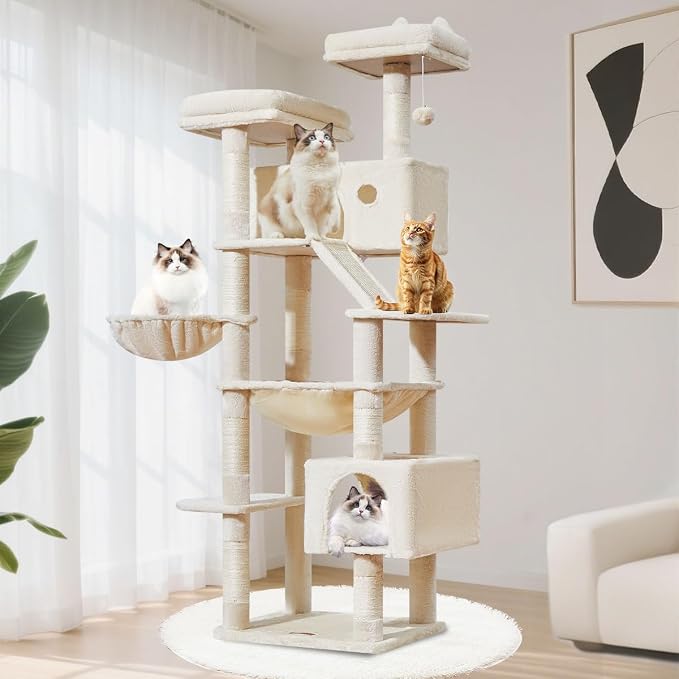Taoqimiao Cat Tree, 71 in Extra Large Cat Tower for Inddor Cats, MS026LM | 2 Large Cat Condos, 2 Cute Perches, Metal Frame Cozy Hammock, Durable Scratch Board, 8 Natural Sisal Posts, Basket, Beige