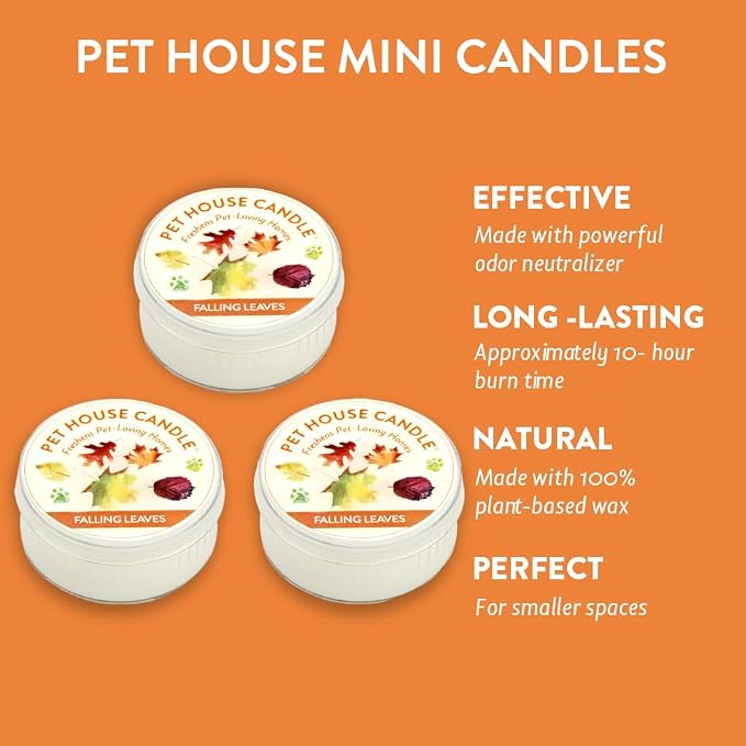 Pet House Mini Candles for Pet Odor Made with Natural Soy Wax, Plant Based, Dog and Cat Friendly Scented, Falling Leaves Pack of 3