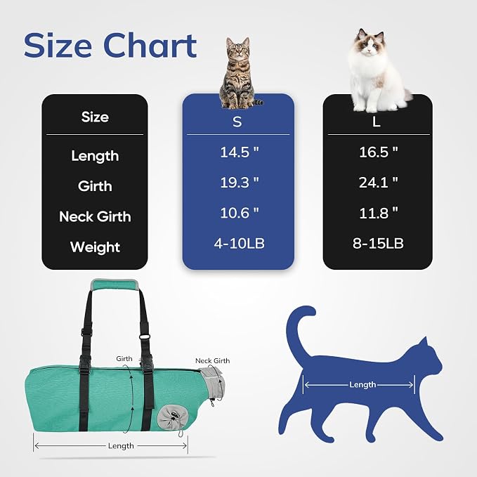Cat Carrier Pouch, Soft Cat Grooming Restraint Bag for Vet Visits, Nail Trimming,Dental Care & Medication, Comfortable Cats Carry Bag with Bottom Support for Car Travel,Green L(8-15lbs)