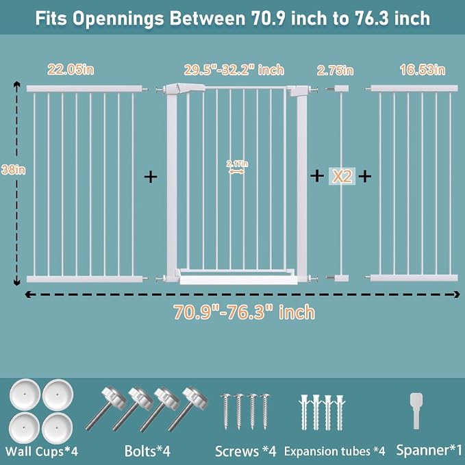 Fairy Baby 38" Extra Tall Baby Pet Gate for Stairs,70.9"-76.3" Extra Wide Long Dog Gate for the House, Metal Auto Close Pressure Mounted Safety Child Gate, Tension Baby Gate Barrier No Climb, White