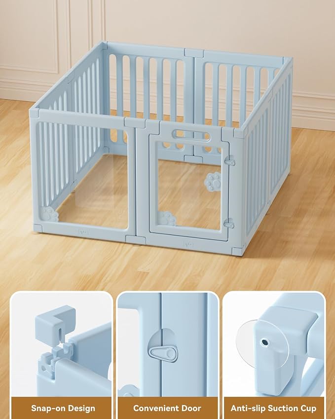 Acrylic Indoor Dog Playpen, 24" H 8 Panels DIY Puppy Playpen, Blue | Indoor & Outdoor Dog Play pen with Heavy Duty Door Lock, Easy-Assembly&Clean Door Pet Fence for Dogs Puppy,Cats,Rabbits