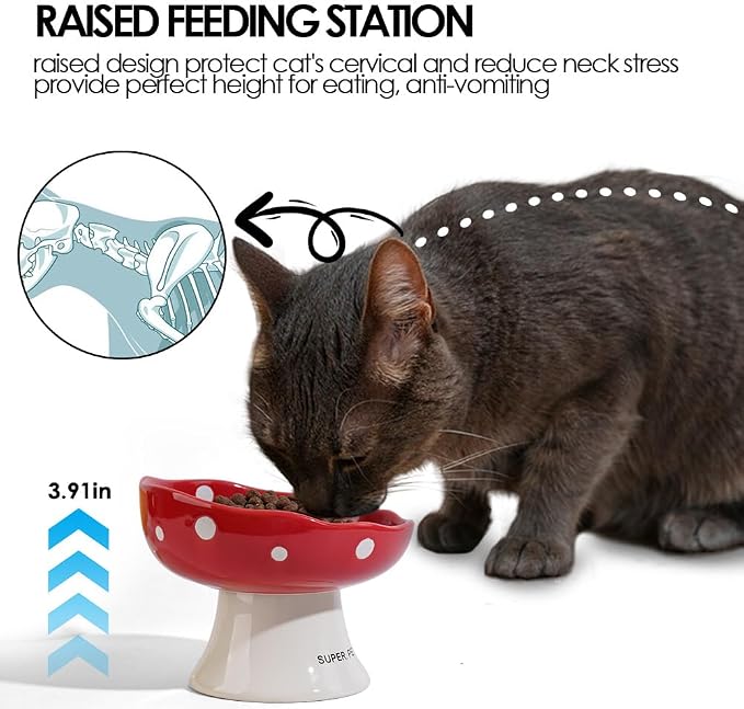 Black Mushroom Cat Bowl, Elevated Ceramic Bowl for Cats | Elevated, Ceramic, Whisker Friendly, Anti Vomitin,Cute Mushroom Design