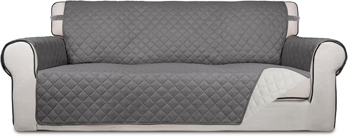 PureFit Reversible Quilted Sofa Cover Dog Couch Covers for Sofa, 66 in | Gray/Ivory, Water Resistant Couch Protector, Washable Pet Couch Cover with Non Slip and Elastic Straps For Kids