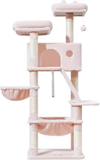 Taoqimiao Sturdy Cat Tree, 58In Cat Tower for Indoor Cats Large Adult | Spacious Cat Condo, 2 Cute Perches, Metal Frame Cozy Hammock, 1 Scratch Board, 8 Natural Sisal Posts, Basket, Pink, MS026P