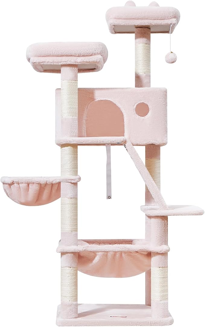 Taoqimiao Sturdy Cat Tree, 58In Cat Tower for Indoor Cats Large Adult | Spacious Cat Condo, 2 Cute Perches, Metal Frame Cozy Hammock, 1 Scratch Board, 8 Natural Sisal Posts, Basket, Pink, MS026P