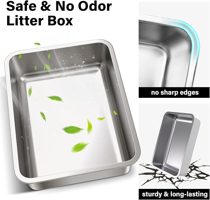 Stainless Steel Litter Box, 20"x14"x6" Large Metal Cat Litter Box | Easy to Clean, Non Stick No Smell,Steel Litterbox for Adult Cats/Kitty