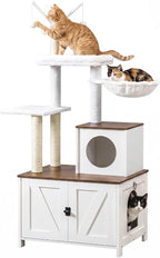 HOOBRO Cat Tree with Litter Box Enclosure for Indoor, 59 Inch Modern Cat Tower with Scratching Posts, Wooden Cat Condo, Hidden Litter Box Furniture, All-in-One Cat House, White and Walnut WH15MZ03