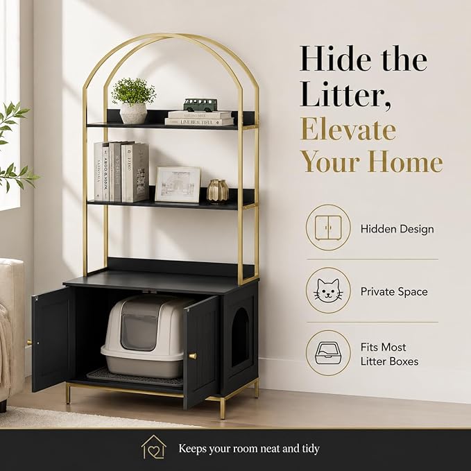 Homhedy Cat Litter Box Enclosure with 2-Tier Shelves, Black and Gold | Litter Box Furniture Hidden, Indoor Cat House, Wooden Cat Washroom Furniture with Metal Frame, Modern Style
