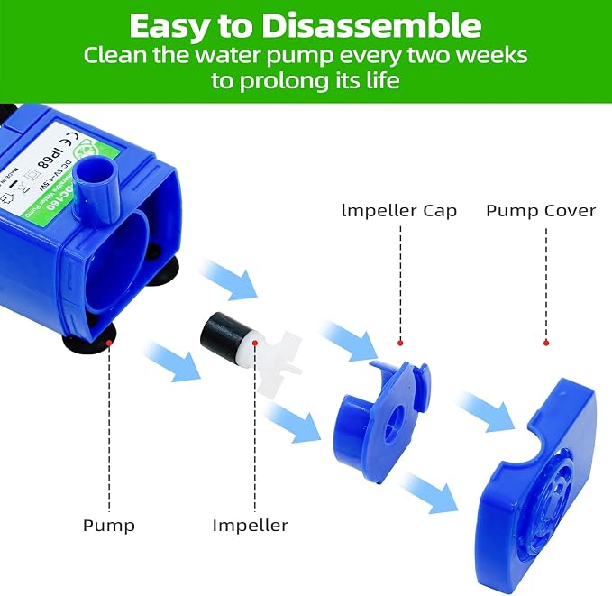 Cat Water Fountain Pump Replacement(No Led & with Brush)， DR-DC 160 | IP68 Submersible Water Motor For Stainless Steel & Ceramic Cat Water Fountain, Ultra Quiet Blue Pet Fountain Pump, Easy Clean