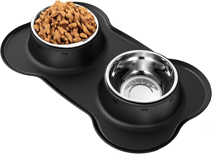 AsFrost Dog Food Bowls Stainless Steel Dog Bowls with No Spill Non-Skid Silicone Mat, Dog Food and Water Bowl Set, Dog Dishes for Small Medium Large Sized Dogs Pet Food Feeding Bowls, 4 Cup, Black