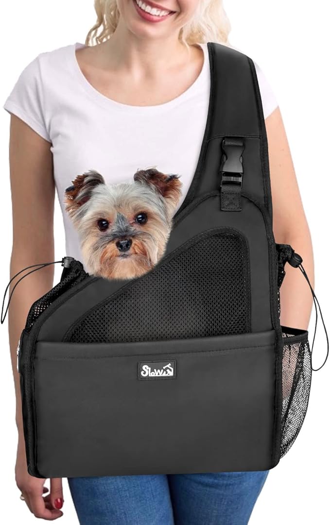 SlowTon Pet Dog Sling Carrier, Hands Free Hard Bottom Papoose Small Animal Puppy Up to 11 lbs Travel Bag Tote Breathable Mesh Support Adjustable Padded Strap Pocket Safety Belt Machine Washable