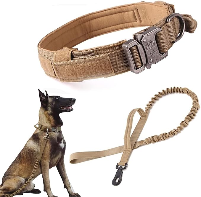 Tactical Dog Collar and Leash Set Tactical Dog Collar with Handle Bungee Leash Adjustable Military Training Nylon Collar Dog Training Collar Leash Set with Control Handleand Metal Buckle （Brown L | 1000D Heavy-Duty Nylon Fabric,Quick-Release Metal Buck...