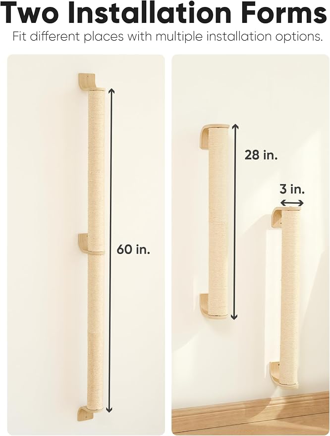 FUKUMARU Cat Wall Scratcher, 60" Tall Kitten Scratching Post | Natural Sisal Pole, Wall Mounted Climbing Tree for Indoor Large Cats