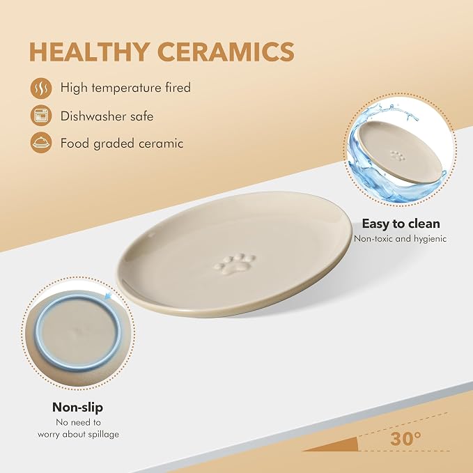 Havniva Ceramic Cat Bowls, Shallow Cat Dishes, Cat Food Plate Set of 3 | Wide Opening, 6” Cat Plates, Ceramic Cat Food Bowls for Wet & Dry Food, Non-slip Rubber Base, Whisker Friendly Cat Bowl