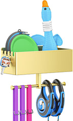 Dog Leash Holder for Wall, Dog Leash Hooks, Pet Stuff Organizer with Shelf Storage, Metal Key Holder, Leash Hangers Organizer Rack for Pet Collar, Toys, Treats, Poop Bag (Gold)