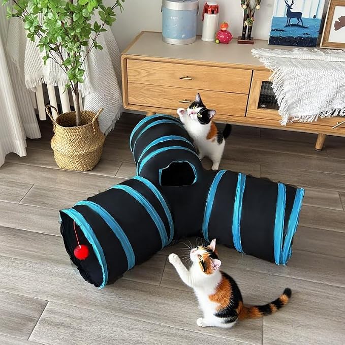 3-Way Collapsible Cat Tunnel Tube Toy Black Blue | Interactive Tunnel with Hanging Ball & Peek Hole for Indoor Cats, Kittens, Puppies, Rabbits | Hours of Fun & Exercise