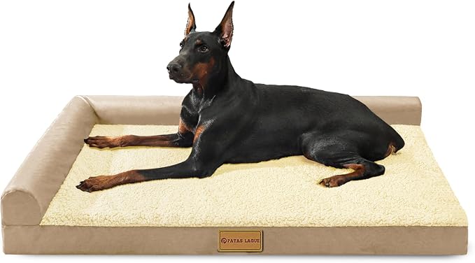 Patas Lague Orthopedic Large Dog Bed Pet Sofa Beds 48''X30''Beige | L Bolster Egg-Crate Foam Dog Couch For Large Sized Dogs, Waterproof Removable Washable Cover, Pet Mat with Nonskid Bottom