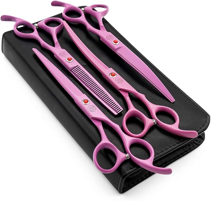 Moontay Professional 7" Dog Grooming Scissors Set 4PCS, Pink | Straight, Upward Curved, Downward Curved, Thinning/Blending Shears for Dog, Cat and Pets, JP Stainless Steel
