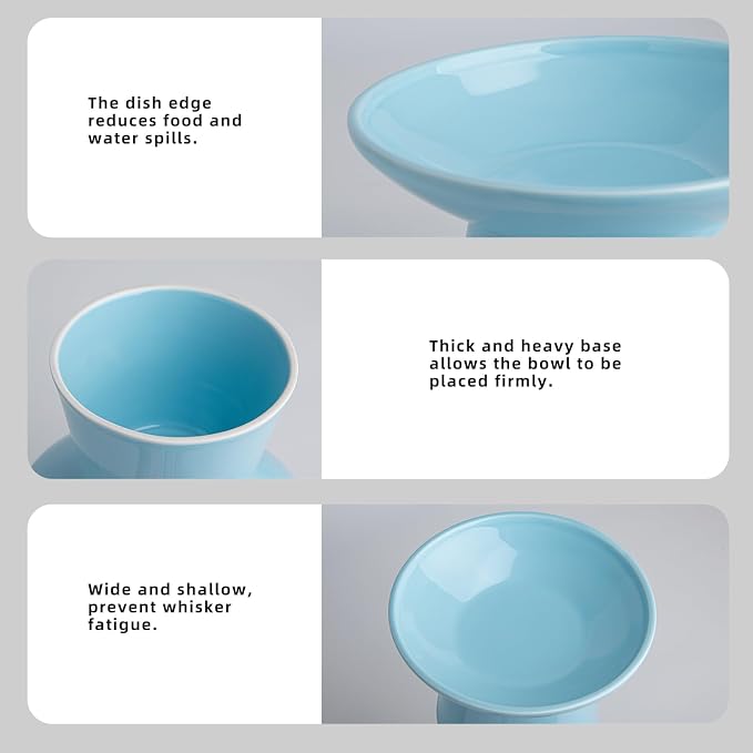 Ceramic Elevated Cat Bowls - 6.2 Inch Extra Wide Raised Cat Food and Water Bowl Set for Indoor Cats, Whisker-Friendly Ceramic Cat Dish for Elder Big Cats & Small Dogs,Blue,2 Pack