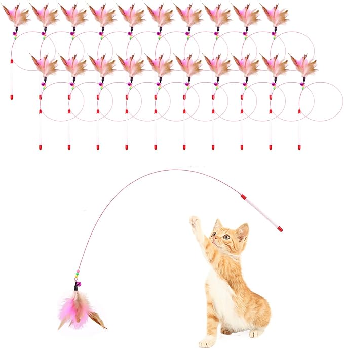 20 Pack Cat Feather Toy Wand, Interactive Pet Kitten Chaser Teaser Wire Wand with Bell Beads for Cat Exercise Play Fun Gifts - Wholesale