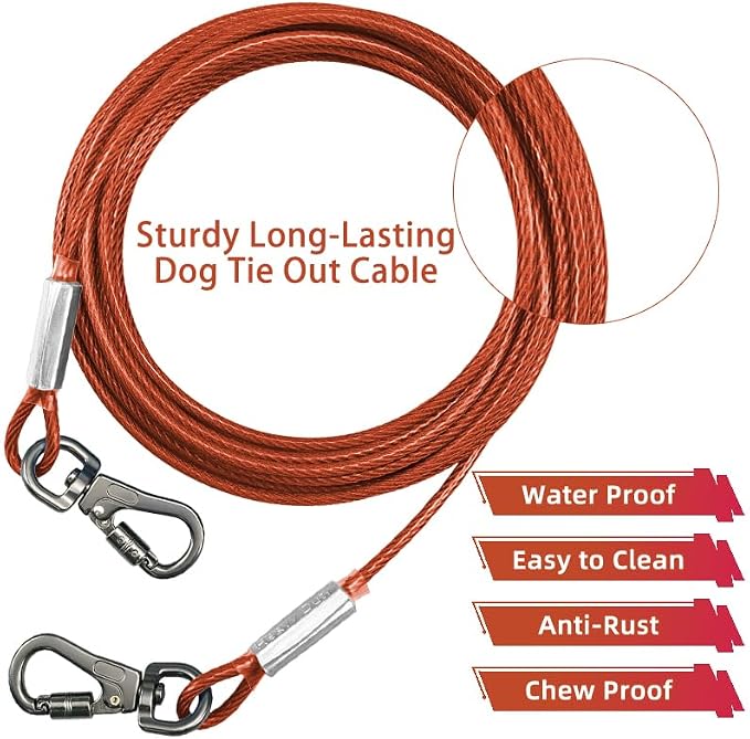 Dog Tie Out Cable - Chew Proof Steel Wire Lead - 360° Tangle Free Outdoor Leash for Pups - Dog Runner Cable for Small to Medium Dogs (Red, 45lbs/10ft)