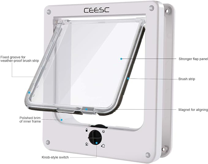 CEESC X-Large Cat Door for Interior/Exterior, for Pets <24.8", White | Rotary 4-Way Lock, Weatherproof, Fits doors 1.26-2.14", Adjustable tunnel depth, Upgraded version