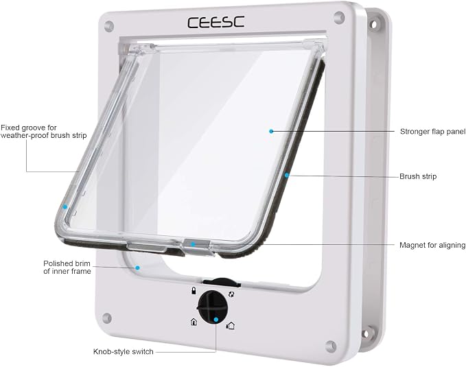 CEESC Large Cat Door for Interior/Exterior, for Pets <23.62", White | Rotary 4-Way Lock, Weatherproof, Fits doors 1.26-2.14", Adjustable tunnel depth, Upgraded version